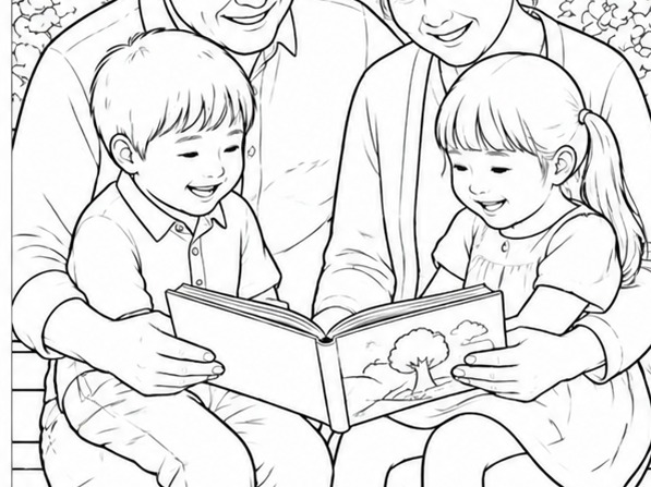 Generated line drawing colouring page of grandparents reading with two children