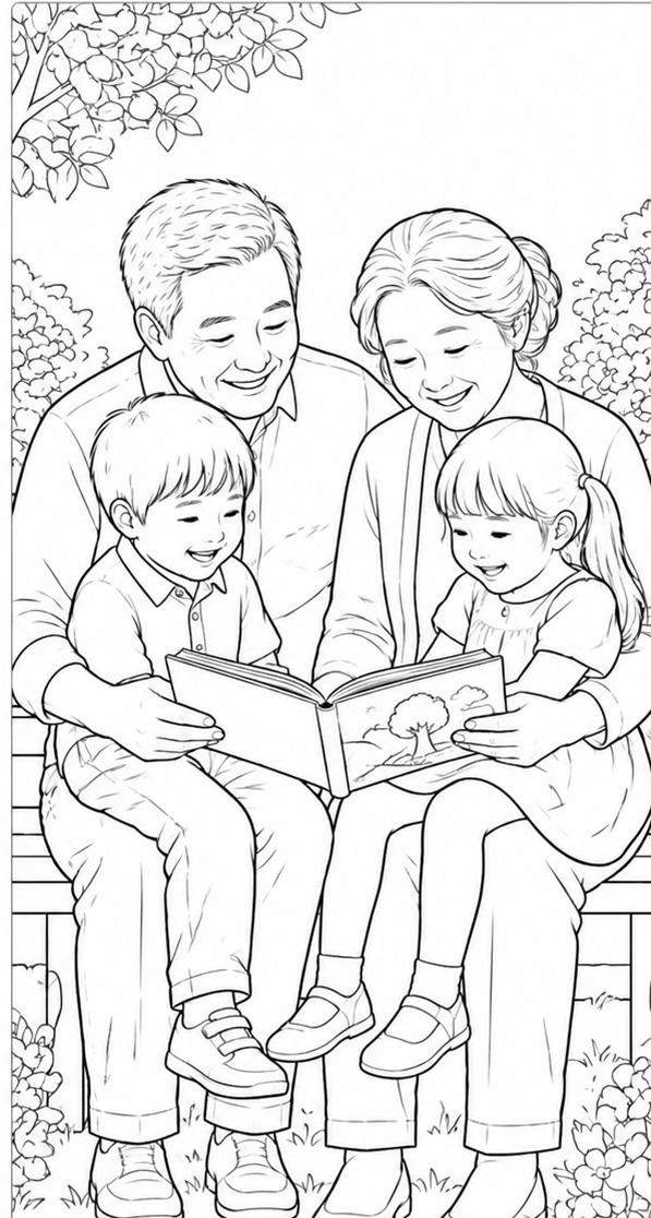 Line drawing colouring page of grandparents reading with two children