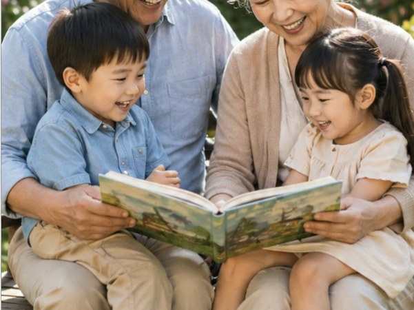 Grandparents reading with two children