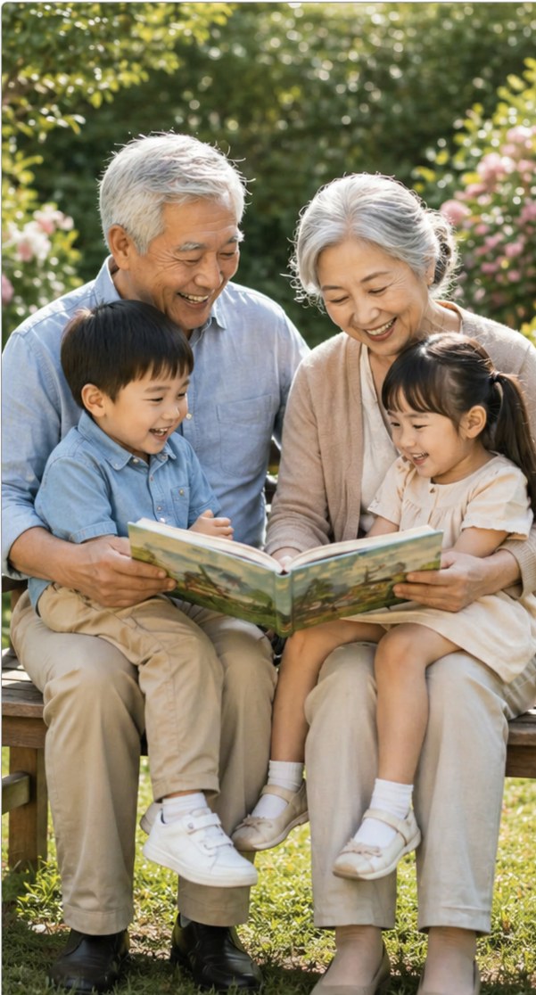 Grandparents reading with two children